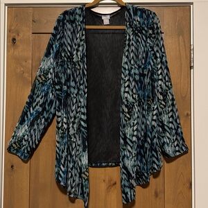 Chicos Open front Mesh lined Jacket Womens 3/XL Lightweight black/blue/green